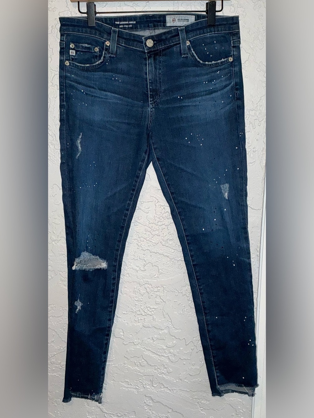AG - Adriano Goldschmied- Dark Blue Distressed Jeans with White Paint Splatter